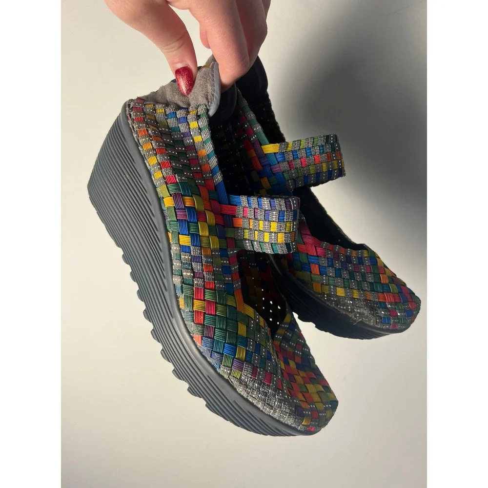St. John's Bay Woven Mary Jane Wedges W 9 Multicolor Rainbow Elastic Strap Artsy